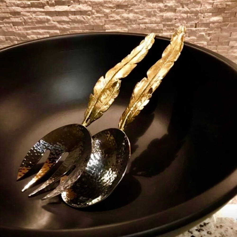 Michael Aram gold feather spoon fork servers.